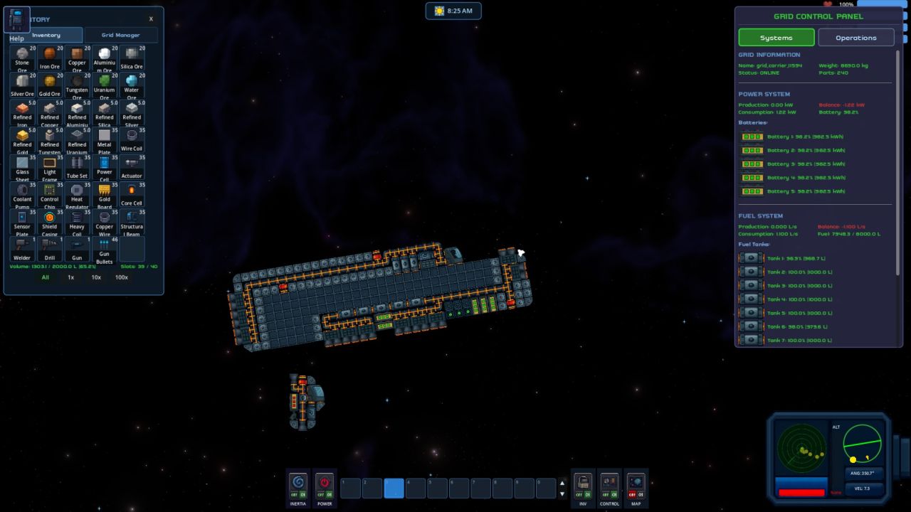 A large player-built carrier in space with the grid control panel open, showing power balance, battery charge and fuel tank levels.