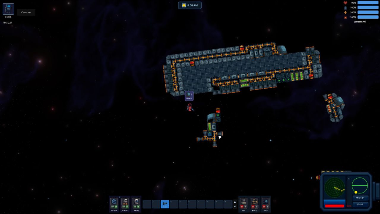 A player in a spacesuit drifting between a large player-built capital ship and a small shuttle, with a Board prompt on screen.