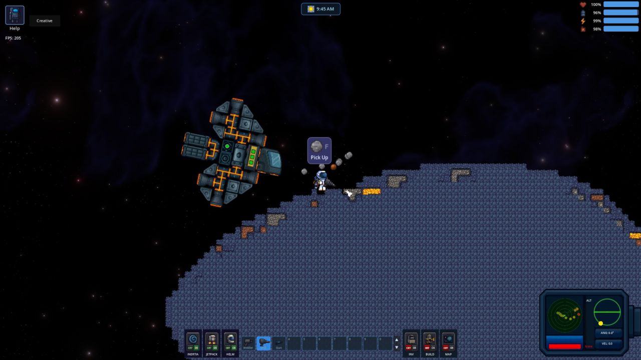 A small ship hovering above an asteroid surface while the player mines ore on foot.