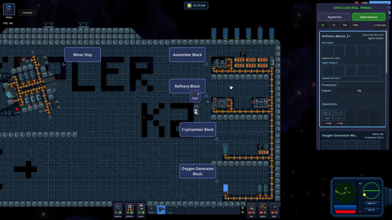 A base interior with labelled miner ship, assembler, refinery, cryochamber and oxygen generator blocks linked by conveyor lines, with the grid control panel open on the refinery's operations.