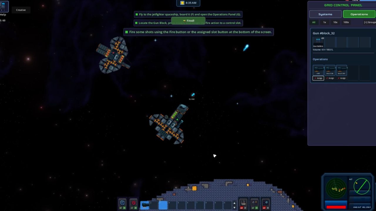 Two small fighter craft in space above an asteroid surface during a tutorial step, with a gun block firing and its operations bound in the grid control panel.